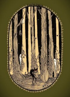 a drawing of a person walking through a forest at night with trees in the background