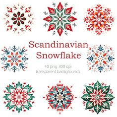 an assortment of snowflakes are shown in red, green and blue colors on a white background