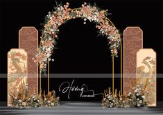 an arch decorated with flowers and foliage in front of a black background for a wedding ceremony