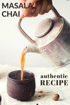 an advertisement for masala chai with coffee being poured into a cup and saucer