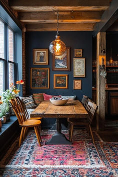 a dining room with blue walls and pictures on the wall