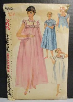 Simplicity Pattern 4936 Misses Nightgown 2 Lengths Short Negligee Sz 12 Bust 30" | eBay Vintage Fitted Sleepwear For Sleepover, Fitted Vintage Sleepwear For Sleepover, Sewing Nightgown, Nightgown Sewing Pattern, 1950s Nightgown, 50's Dresses, 1950s Lingerie, Sewing Vintage, Lady Macbeth