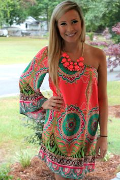 Off the Racks Boutique - The Neon Life Dress: Neon Coral, $42.99 (http://www.shopofftheracks.com/the-neon-life-dress-neon-coral/) Hot Colors, Hawaii Dress, Modern Cowgirl, Caribbean Style, Chevron Wall, Shoulder Dresses, Aztec Fashion, Neon Fashion, Neon Coral