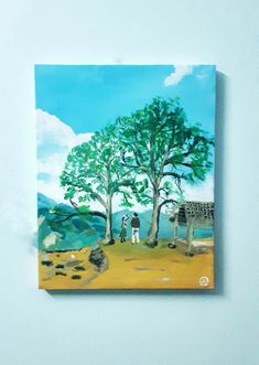 a painting of two people standing in front of a tree and another person on the other side