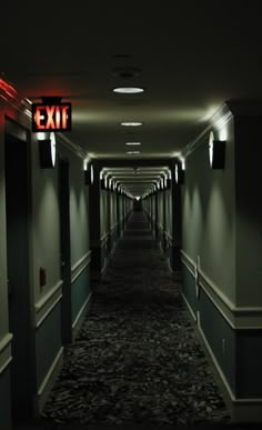 an exit sign is lit up on the hallway leading to another room with dark carpeting