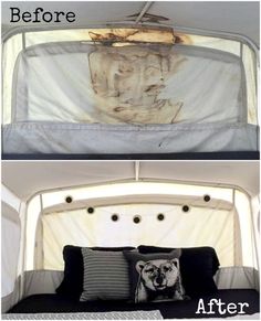 before and after photos of a camper with the bed pulled up to it's side