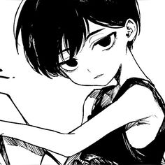 a black and white drawing of a girl with short hair