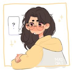 a drawing of a girl with glasses looking at a question mark on the wall behind her