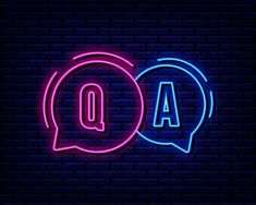 two speech bubbles with the letter q in neon colors on a dark brick wall background