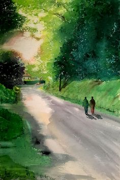 a painting of two people walking down a road in the middle of a green field