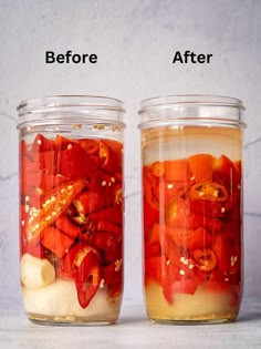 two jars filled with food sitting on top of a white counter next to each other