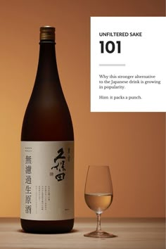 a bottle of sake next to a wine glass with the label unfilled sake 101