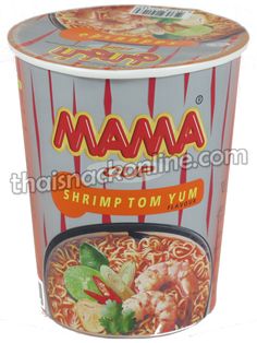 a can of ramen soup with shrimp and noodles in tomato sauce, on a white background