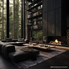 a living room filled with furniture and a fire place in front of a windowed wall