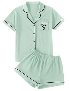 PRICES MAY VARY. Two piece sleepwear set feature with button down shirt and a pair of elastic waist shorts. Soft fabric, breathable and comfy to wear. Notch neck button front shirt top with a chest pocket with heart embroideried, elastic waistband shorts. Summer V neck shorts lounge set for women and girls. Contrast solid color, piping binding trim design, cute and elegant loungwear set. Relaxed fit and cozy style that you can style from day to night. Short sleeve notch collar pajamas set suitab Cute Matching Pjs Friends, Pajamas Couple, Shorts Sleepwear, Cute Lounge, Pjs Set, Comfy Pjs, Trim Design