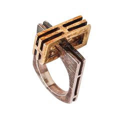 A Danish Architectural Geometric Ring. Very Interesting Geometric Ring, Created In Denmark During The Modernist Period, Back In The 1970. This Ring Has Been Crafted In Two Sections And Made Up In Solid .925/.999 Sterling Silver And 14 Karats Yellow Gold. The Silver Part Is Treated With Incised Textured Finish And The Volumetric Upper Part In High Polished Finish. Weight: 9.85 Grams, (6.42 Dwt). Size: 6.75 And May Be Sized On Special Request. Measurements: 21 Mm By 18 Mm (0.83 X 0.71 Inches) And Raise 10 Mm Over The Finger. Hallmarks: Stamped With The Mark For The Assay Of The 14kt Gold And The .925 Sterling Silver. Collateral: This Ring Is Accompanied By A Presentation Jewe Sculptural Bracelet, Sculptural Ring, Abstract Jewelry, Modernist Ring, Unusual Rings, Geometric Ring, Creative Lighting, Geometric Necklace, Copper Rings