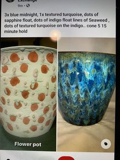 three different types of vases are shown on the same page, and one is blue with orange dots