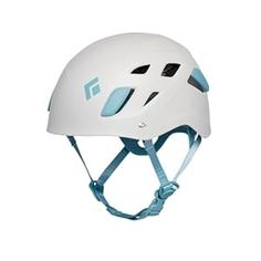 a white helmet with blue details on the front and side, against a white background