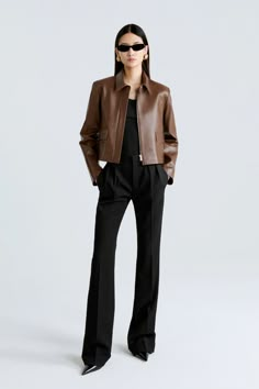 Bleeker - Nour Hammour Cropped Brown Leather Jacket Outfit, Fitted Leather Jacket Outfit, Suit Trousers Women Outfit, Fav Pants, Cropped Jacket Outfit, China Trip, Jacket Crop, Cropped Jackets