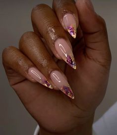 Purple And Gold Nails Acrylic, Purple And Gold Almond Nails, Purple And Gold Nails Coffin, Pink Purple Gold Nails, Gold Nails Acrylic, Purple And Gold Nails, Purple Gold Foil Nails, Gold Acrylic Nails, Nails Acrylic