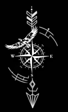 a black and white drawing of a compass with an eagle on it's side