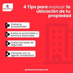 a red poster with the words 4 tips para evaluar la ullicacion de tu propiedad