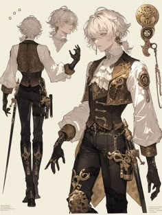 two people dressed in steampunk clothing and holding swords, standing next to each other