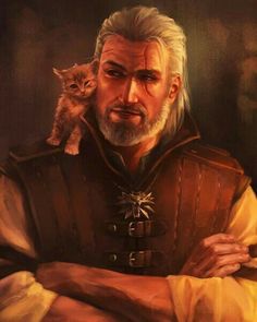 an old man with a cat on his shoulder