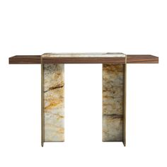 a marble console table with two wooden shelves on one side and an open shelf at the top