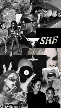 black and white collage with images of women in the background, including an image of a woman holding a record