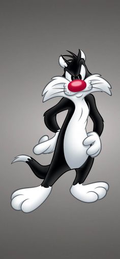 an animated black and white cat running with its mouth wide open, on a gray background