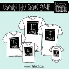 three t - shirts with the words family in black and white, one is for each child