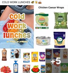 the collage has many different foods and snacks in it, including chicken lunches