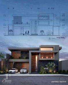 an architectural rendering of a house with two cars parked in front