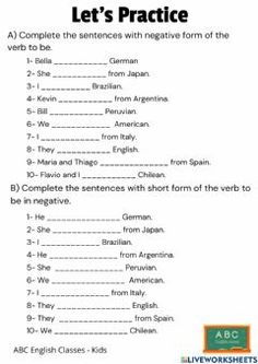 an english worksheet with the words let's practice and examples for students