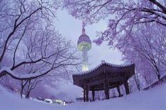 a snow covered park with a gazebo in the foreground and trees on either side