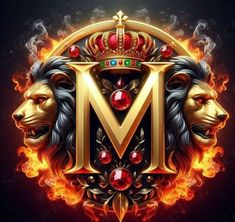 the letter m is surrounded by two lions and fire with their heads on each side