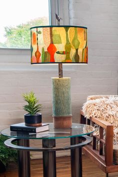 Janna Ugone & Co Table Lamp Ceramic and Wood Table Lamp with Large Drum Shade in Riviera in Poppy Hand Painted Lamp Shade, Painting Lamp Shades Diy, Colorful Table Lamp, Ceramic Lighting, Carved Pottery, Large Lamp Shade, Colorful Lamp Shades, Asian Lamps, Steel Extension