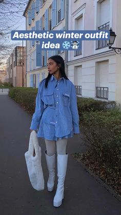 Ig: @mya.salma Aesthetic Winter Outfit, Blue Outfits, Aesthetic Winter, Blue Outfit, Winter Outfit, Outfit Idea, Winter Season, Winter Outfits, Midi Skirt