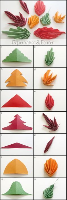 the steps to make an origami bird with different colors and patterns on it