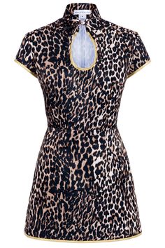 Our leopard print duchess satin mini dress is the perfect party dress. Made from luxurious leopard print duchess satin, printed in the UK, it is trimmed with gold binding, has a tie-front, keyhole neckline & side seam zipper. The Mandarin collar and delicate cap sleeves remind us of actress, Anna Mae Wong's glamorous costumes from the golden age of Hollywood. Pair it with one of our gorgeous charm belts for the ultimate statement party outfit. Made in England. We will email you after purchase to Luxury Vintage Sleeveless Mini Dress, Luxury Vintage Evening Mini Dress, Vintage Bandage Dress, Tie Styling Women, Golden Outfit, Leopard Outfit, Chic Mini Dress, Party Mini Dress, Keyhole Dress