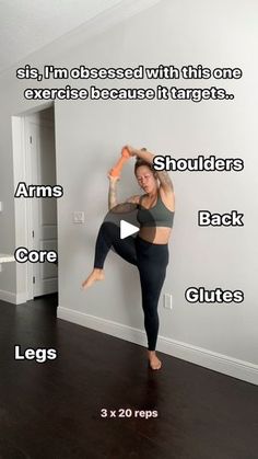 a woman standing on one leg in front of a wall with words describing her body