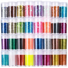 many colors of glitter in plastic containers