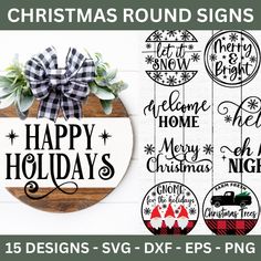 christmas round signs with the words happy holidays on them and an image of a wreath