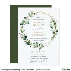 a wedding card with greenery and gold foil on the front, featuring an elegant wreath