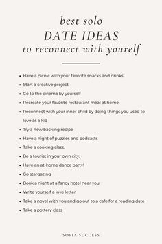 Best Solo Date Ideas To Reconnect With Yourself dating profile bio ideas for women top rated dating apps dating ideas dating in your 50’s dating apps free tinder app #dating #Solo #Date #Ideas #Reconnect Ideas For Self Dates, Self Care Dates Ideas, Self Dating Ideas, At Home Solo Date Ideas, Dating Yourself Ideas, Self Date Ideas At Home, Self Love Activity Ideas, Dates By Yourself, Solo Date Ideas At Home