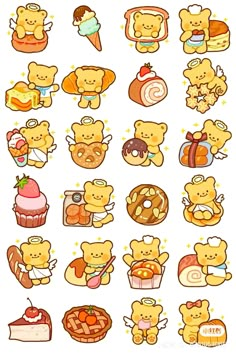 some cartoon bears with different foods and desserts