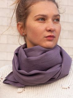 Lavender Linen Scarf / Soft Lilac Linen Scarf  This simple and cozy linen scarf is eco-friendly. This handmade and sustainable item is pre-washed, softened and looks better and better with age and every wash. Made of high quality, pure and natural European linen. Perfect as a gift for any gender and occasion. #sandsnowlinen #giftidea #giftforheridea #sustainablechoice #capsulewardrobe #linenscarf #linenshawl #linenlavenderscarf #shopsmall #autumnlook #fallstyle #falloutfitidea #linenoutfit Lavender Scarf, Lavender Linen, Linen Bed Cover, Linen Shawl, Linen Scarf, Tea Towel Gift, Free Tea, Natural Linen Fabric, Linen Scarves