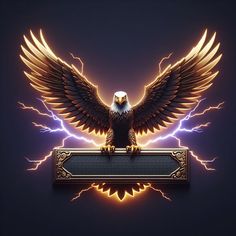 an eagle sitting on top of a sign surrounded by lightning