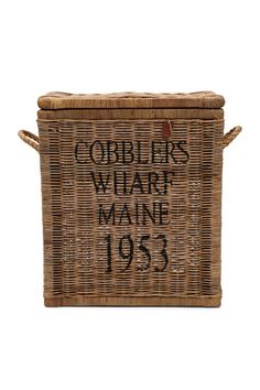 a wicker basket with the words cobblers wharf maine 1933 written in black ink